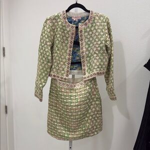 Chanel vibes tweed Green and Pink Blazer with Skirt set